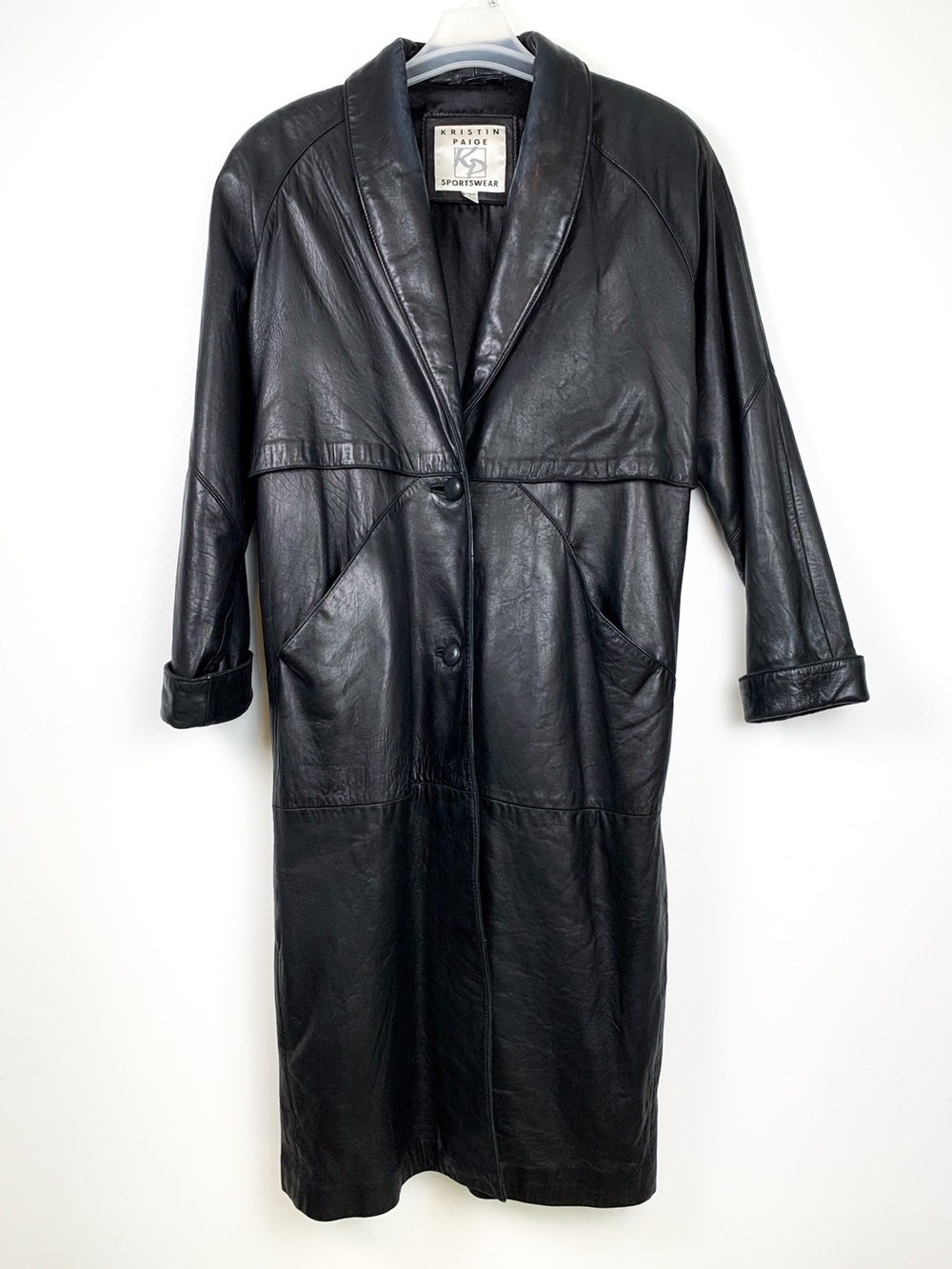 Vintage black leather trench coat women’s long coat by Kristin Paige size large